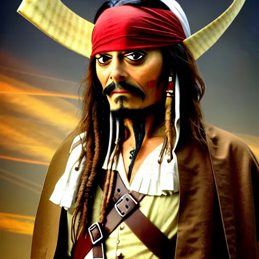 Prompt: mr. bean as jack sparrow from pirates of the carribean. movie still. cinematic lighting.