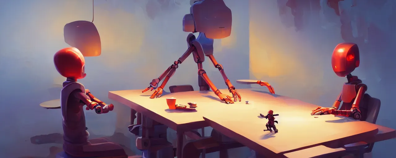 Prompt: excited young programmer, robot details on table, digital art, behance hd by jesper ejsing, by rhads, makoto shinkai and lois van baarle, ilya kuvshinov, global illumination.