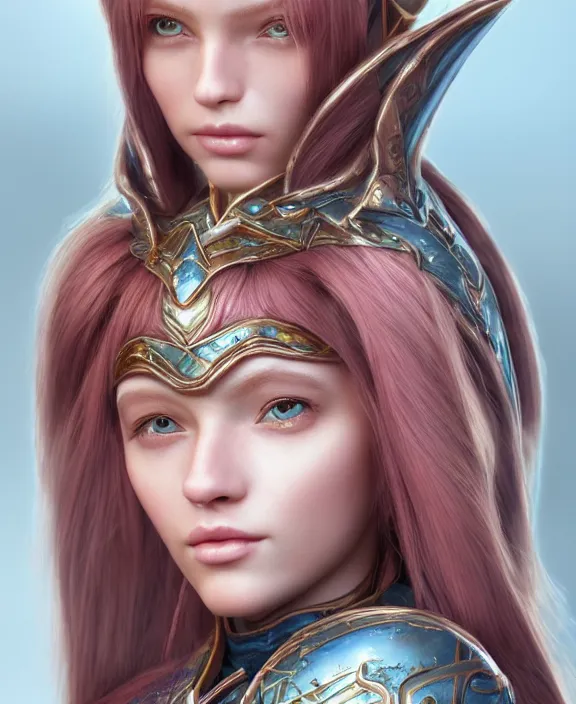 Image similar to a beautiful and highly detailed digital portrait of a dignified elf with long blue hair in rose gold armor by artgerm and nina tryggvadottir, centered, artsation contest winner, cgsociety, fantasy art, cryengine, concept art, photorealism, daz 3 d, sketchfab, zbrush, vray