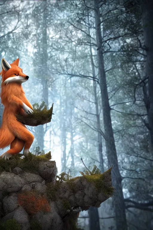 Prompt: a medieval anthropomorphic fox with a fluffy tail in a forest, backlighting, dramatic lighting, cgi, rendered in unreal engine