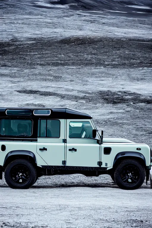 Image similar to land rover defender in iceland in the style of salvador dali