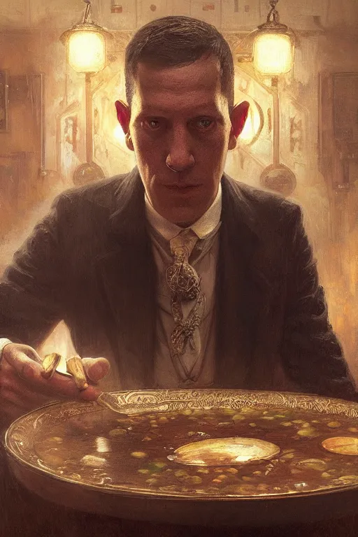 Image similar to , h p lovecraft eating soup at the victorian dining room hyperrealistic portrait, bladerunner street, art of elysium by jeremy mann and alphonse mucha and greg rutkowski, fantasy art, photo realistic, dynamic lighting, artstation, poster, volumetric lighting, very detailed face, 4 k, award winning