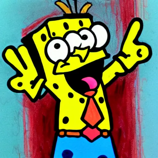 Image similar to rough sketch in crayola, spongebob squarepants cartoon character holding a kitchen knife, childish crayon art