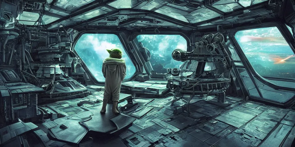 Prompt: a 3 d rendered movie still, wide - angle shot, 1 0 0 meter in the distance, baby yoda wearing a spacesuit, and exploring cosmos in a super awesome space ship. dramatic lighting, imax, 7 0 mm. science fiction blockbuster movie, silent running.