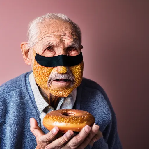 Image similar to an elderly man wearing a mask made from a doughnut, bold natural colors, national geographic photography, masterpiece, 8 k, raw, unedited, symmetrical balance