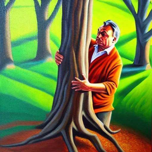 Image similar to viktor orban protecting a tree, oil painting