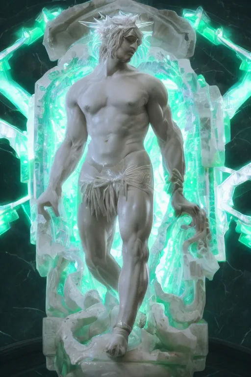 Image similar to photo of fullbody rococo and cyberpunk delicate neon crystalline sculpture of a hulking herculean muscular onyx albino marble prince jesus christ as an mint iridescent humanoid deity, crown of thorns, cinematic lighting, photorealistic, octane render, 8 k, depth of field, 3 d