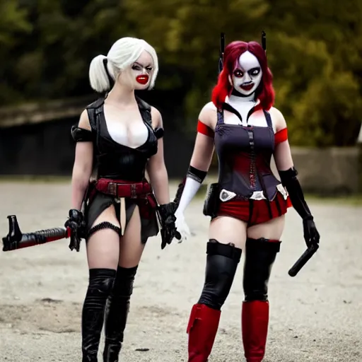 Prompt: 2B and A2 as Harley Quinn, Cinematography by Roger Deakins