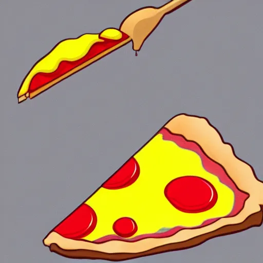 Image similar to cartoony drawing of a slice of pizza with cheese dripping off of it