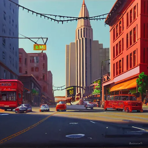 Image similar to Market Street, San Francisco; oil on canvas by Klaus Bürgle and Imperial Boy and Simon Stålenhag; Redwood covered natural city future dream world-H 740