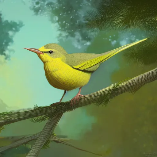 Image similar to green yellow spanish wren bird, reyezuelo listado, regulus ignicapilla, in avila pinewood, 4 k, concept art, by wlop, ilya kuvshinov, artgerm, krenz cushart, greg rutkowski, pixiv. cinematic dramatic atmosphere, sharp focus, volumetric lighting, cinematic lighting, studio quality