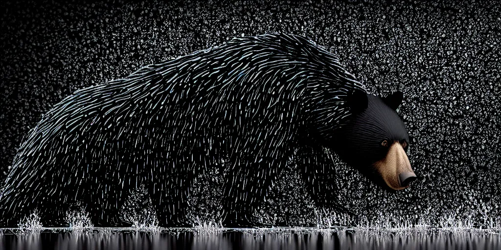 Image similar to black bear made of ferrofluid, in the zoo exhibit, viscous, sticky, full of black goo, covered with black goo, splattered black goo, dripping black goo, splattered goo, sticky black goo. photography, dslr, reflections, black goo, zoo, exhibit, v - ray, 3 d render, 8 k resolution, hyperreal