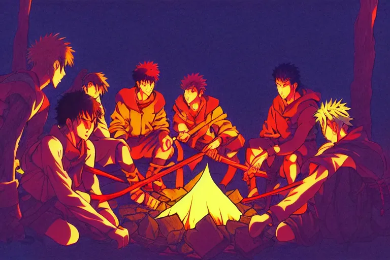 Image similar to cel shaded study of a group of anime warriors sitting around a campfire at night, key visual with intricate linework, in the style of moebius, ayami kojima, 9 0's anime, retro fantasy