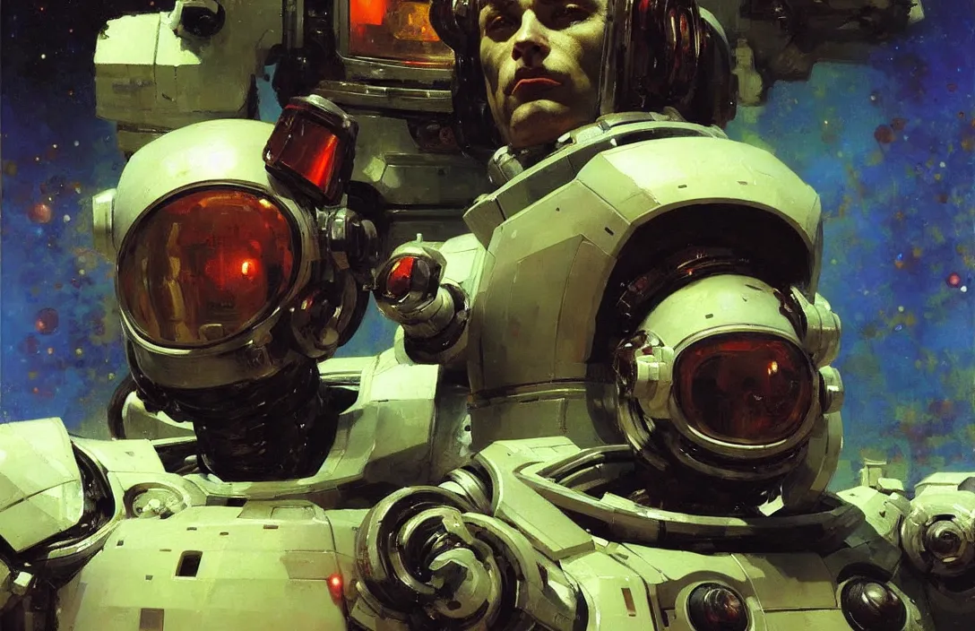 Image similar to portrait of futuristic space robot!!!!!!!!!!!!!!!!!!!!!!!!!!!, detailed face, detailed painting, epic lighting, by ilya repin, phil hale and kent williams