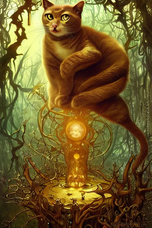 Image similar to metallic gold cat doing magic in the gnarly forest by Android Jones, tom bagshaw, mucha, karl kopinski