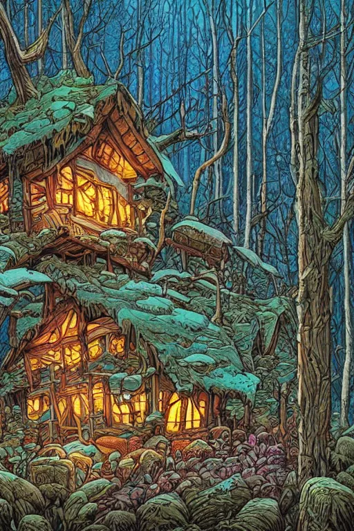 Image similar to a ramshackle multistory fairytale hut in the forest by Dan Mumford