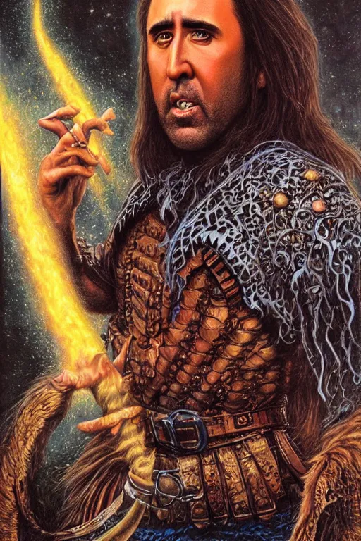 Prompt: Nicolas Cage as wizard, fantasy, intricate, highly detailed, illustration by ken kelly
