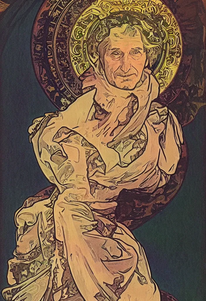 Image similar to old geoffrey hinton as the emperor on a tarot card, tarot in art style by alphonse mucha