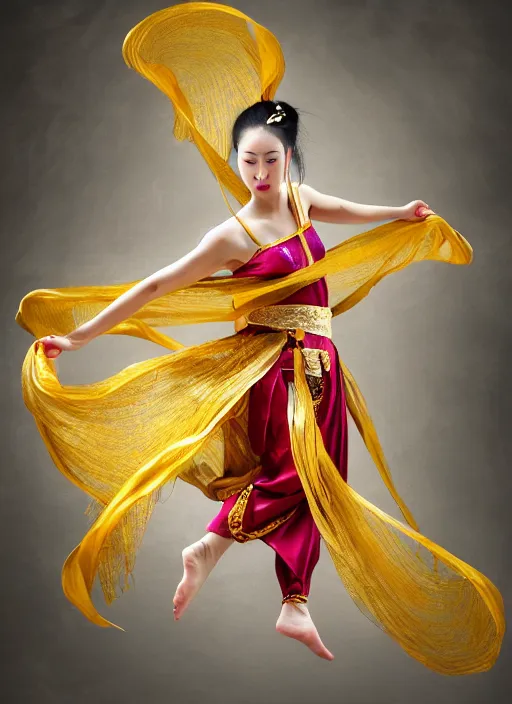 Image similar to full body portrait of a dancer throwing silk belts, feet, barefoot, full body, vivacious, extremely beautiful, gold jewelry, hanfu, chinese ribbon dance, wide ribbons, silk belt, ming dynasty, detailed, realistic face, anatomically accurate, fantasy art, ghostblade, wlop.