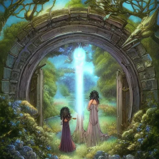 Prompt: gate portal with another world visible inside style studio ghibli and Gerald Brom, faeries flyng, dreamy, mystical, dark