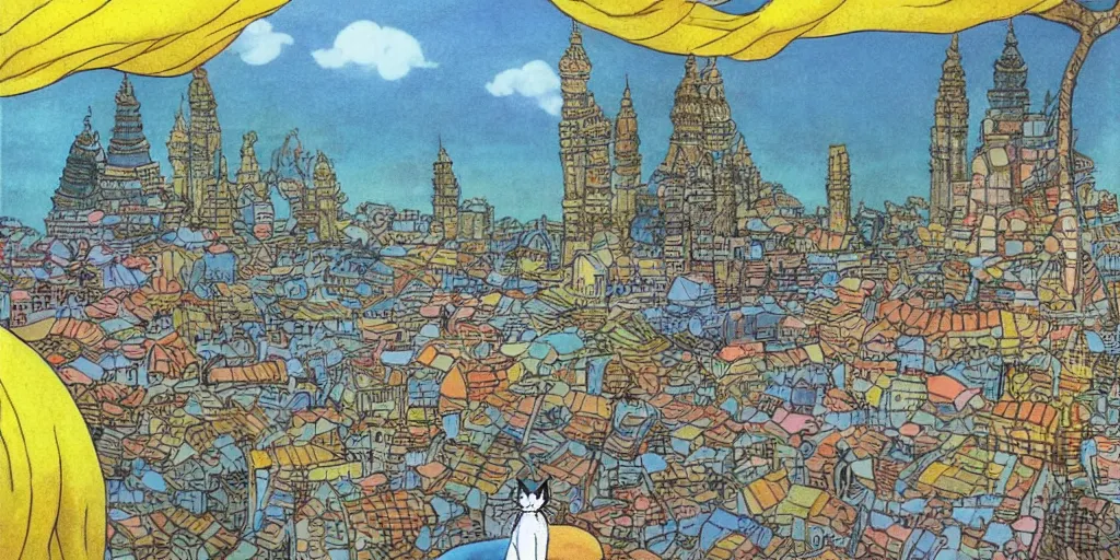 Image similar to sri lankan cat looking at the city, drawn by hayao miyazaki