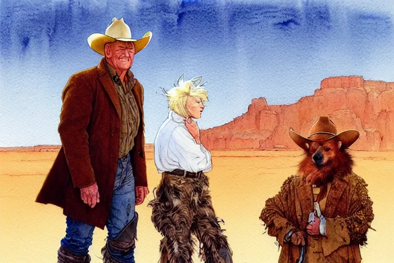 Image similar to a hyperrealist watercolour character concept art portrait of john wayne and a small white dog. there is a horse. arizona desert. there is a villain in the background. by rebecca guay, michael kaluta, charles vess and jean moebius giraud
