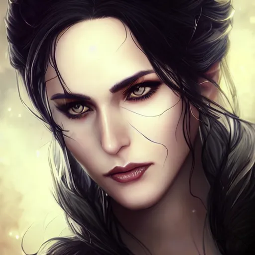 Image similar to yennefer, beautiful face, rule of thirds, intricate outfit, by artgerm