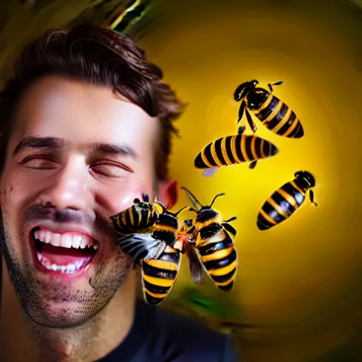 Image similar to photograph of smiling man with bees crawling out of his mouth, 8k resolution, high detail, ULTRA REALISTIC VFX, reflections