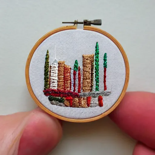 Image similar to a tiny beautiful handmade embroidery of a city. hand embroidery.