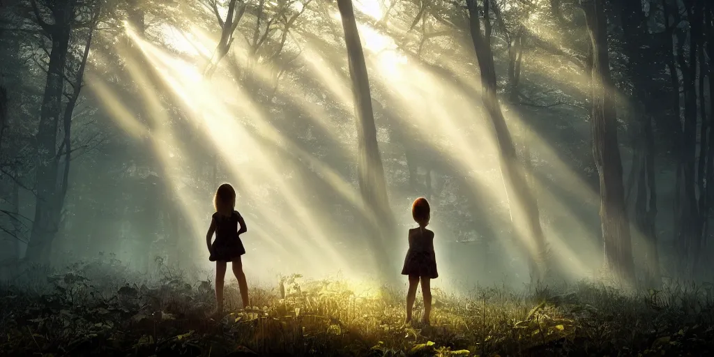 Image similar to sci - fi scene future new york, little girl holding a hand of a big robot, forest punk, crepuscular rays, epic scene, hyper realistic, photo realistic, overgrowth, cinematic atmosphere, ethereal lighting,