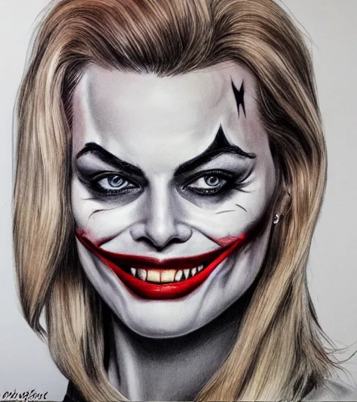 Image similar to margot robbie portrait with joker makeup, pencil drawing, realistic face, beautiful eyes, smiling, hyper realistic, highly detailed