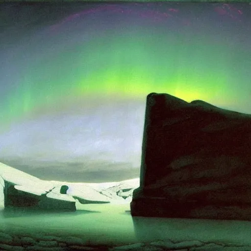 Prompt: the epic abstract painting'arctic monolith with aurora borealis ', by caspar david friedrich!!!, by rothko!!!, stunning masterpiece, trending on artstation