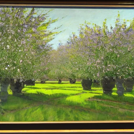 Prompt: by john lavery kokedama, vignetting expressive, shadowy. a beautiful installation art depicting a farm scene. the installation art shows a view of an orchard with trees in bloom.