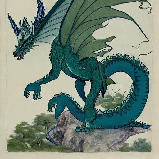 Prompt: A green and blue dragon with an elegant and long body and wolf like face, fur on its body and long leathery wings, sitting on a clearing in a flowery, jungle, detailed, mtg