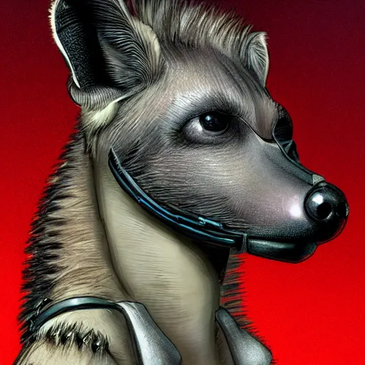 Image similar to very cute baby cyborg hyena, realistic concept art, cyberpunk