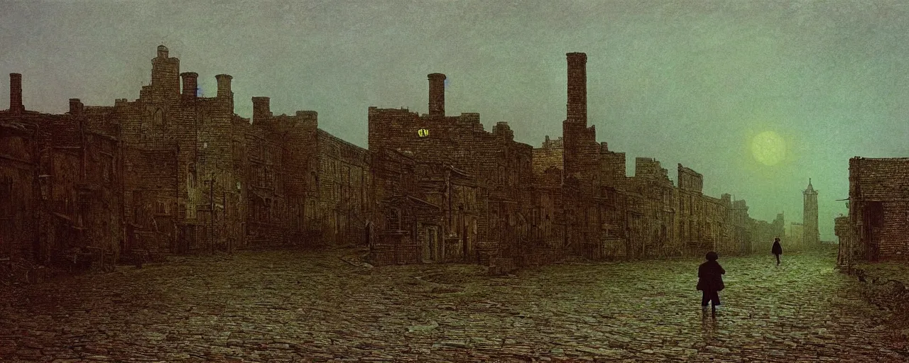 Image similar to a boy lost in a ghost town, in the style of john atkinson grimshaw, landscape, romanticism, streetscape, symbolism, impressionism