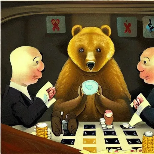Image similar to “tardigrade and grizzly bear mobsters playing poker in a dimly lit basement poker table”