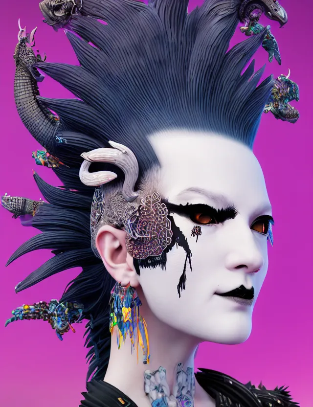 Image similar to 3 d goddess close - up profile simple portrait punk with mohawk with goat skull. beautiful intricately detailed japanese crow kitsune mask and clasical japanese kimono. betta fish, jellyfish phoenix, bio luminescent, plasma, ice, water, wind, creature, artwork by tooth wu and wlop and beeple and greg rutkowski