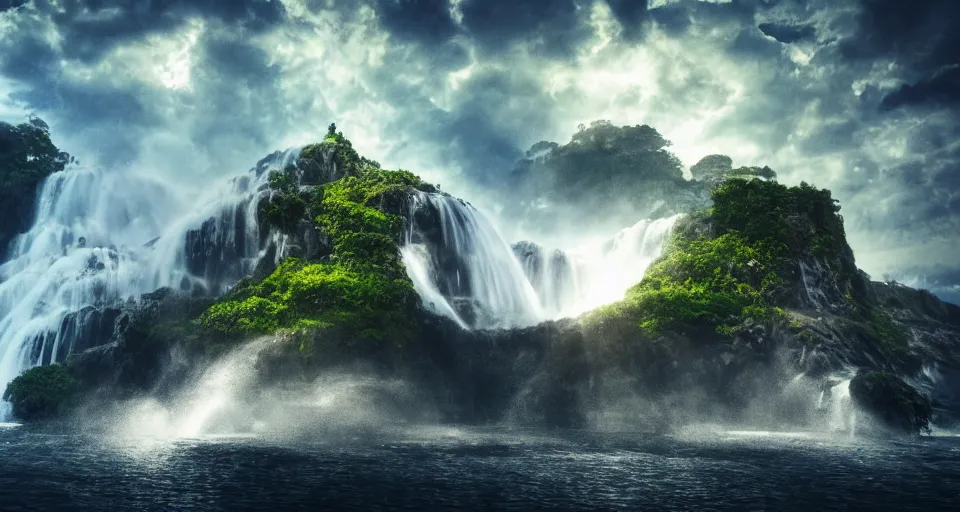 Image similar to A magnificent flying island in the sky above the sea, waterfall falling down, epic lighting, epic composition, cinematic, highly detailed, 4k