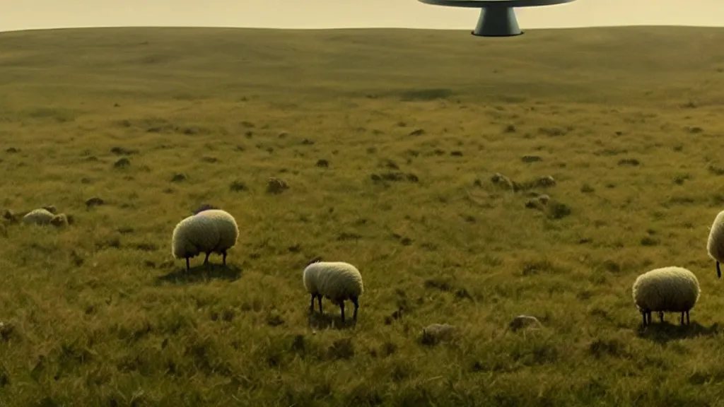 Image similar to sheep in a field being abducted by a ufo!, film still from the movie directed by directed by denis villeneuve