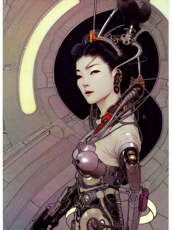 Prompt: realistic detailed portrait of one handsome futuristic female geisha with few element of alien cyberpunk armor, minimal design armor style, by moebius, alphonse mucha, ayami kojima, amano,, greg hildebrandt, and mark brooks, feminine, female, sexy, seductive, art nouveau, cyberpunk, neo - gothic, gothic, character concept design,