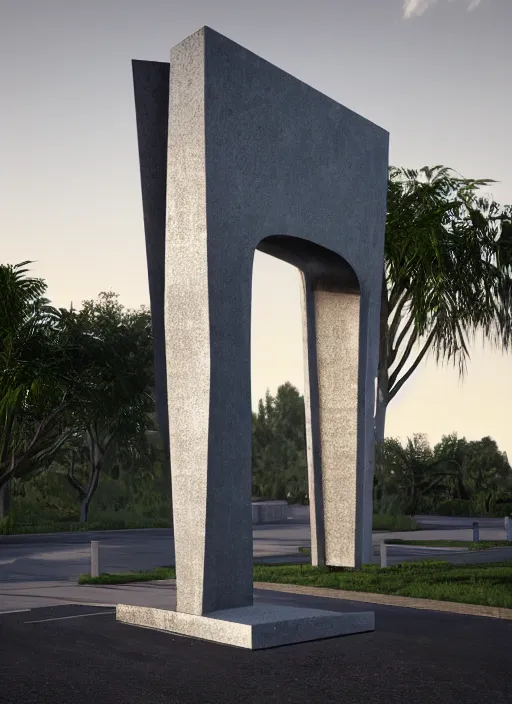 Image similar to highly detailed realistic architecture 3 d render of a wood and metal stele monument in zaha hadid style standing on a side of a road, archdaily, made in unreal engine 4 octane render