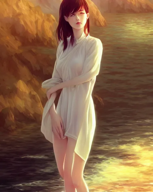 Image similar to infinitely detailed full - body portrait pale female peaceful dream angel wearing elegant clothes. beautiful! scenery art! by wlop & murata range, by ilya kuvshinov. artstation!! / pixiv!!