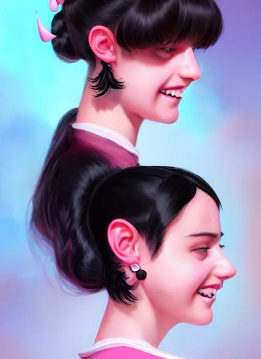 Image similar to portrait of high school girl, realistic, black hair, bangs, half updo hairstyle, pointy nose, skinny, smile, ugly, defined jawline, big chin, pink hair bow, earrings, intricate, elegant, glowing lights, highly detailed, digital painting, artstation, sharp focus, illustration, art by wlop, mars ravelo and greg rutkowski