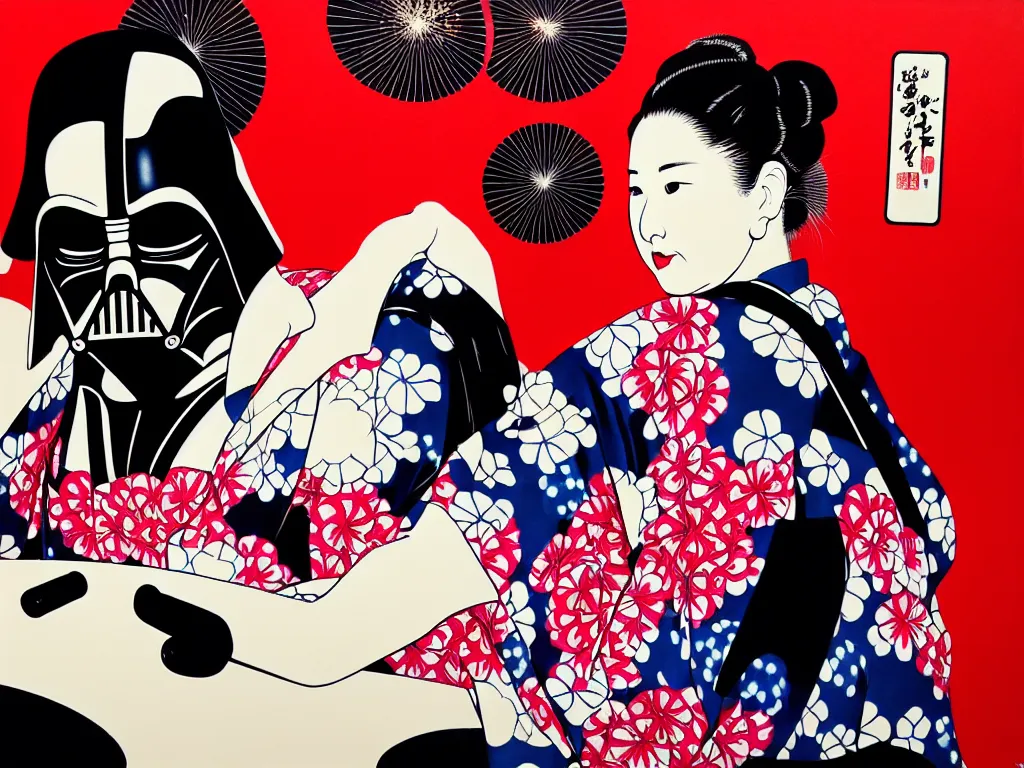 Image similar to hyperrealism composition of the detailed woman in a japanese kimono sitting at a poker table with darth vader, fireworks on the background, pop - art style, jacky tsai style, andy warhol style, ukiyo e, acrylic on canvas