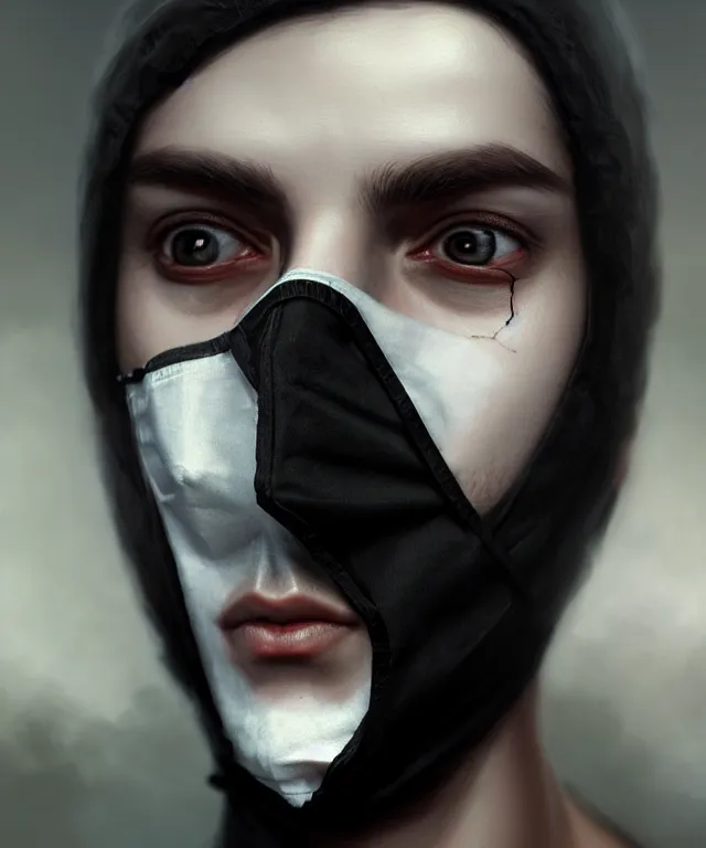 Image similar to white young man with black fabric mask, highly detailed face!!!, true anatomy!, extremely detailed!, digital painting, unreal engine 5, art by tom bagshaw