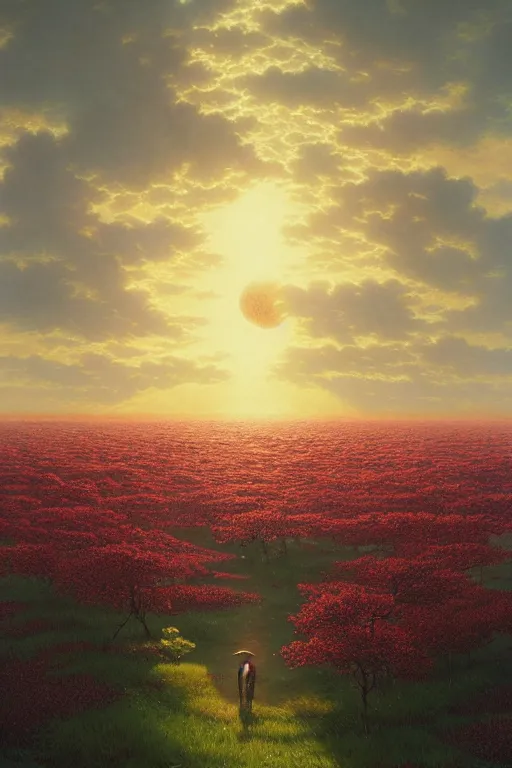 Image similar to a sour cherry field by david a hardy, noriyoshi ohrai, gary ruddell, ( greg rutkowski ), salvador dali, moebius, makoto shinkai, highly detailed, cinematic composition, trending on artstation