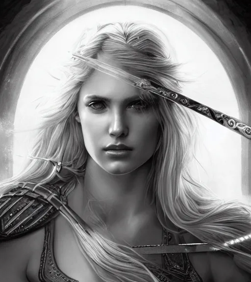 Image similar to portrait of beautiful aphrodite goddess as an archer warrior, beautiful piercing eyes, flowing blonde hair, realistic face, black and white drawing, in the style of greg rutkowski, fantasy, amazing detail, epic, intricate, elegant, smooth, sharp focus