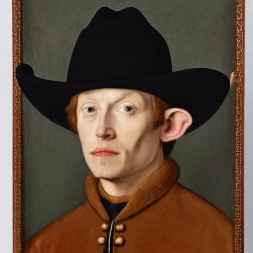 Prompt: 3/4 bust portrait of a shifty high fantasy elf sheriff wearing a cowboy hat and star badge by Jan van Eyck