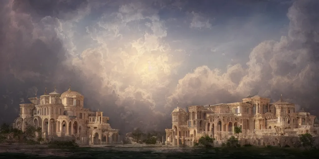 Prompt: beautiful digital illustration of a Byzantine palace in the clouds, surrounded by fluffy cotton candy clouds, pastel color scheme, establishing shot, cinematic, architecture, concept art, deviantArt, artsation, artstation HQ, HD, 16k resolution, smooth, sharp detail, amazing depth, octane, finalRender, Unreal Engine